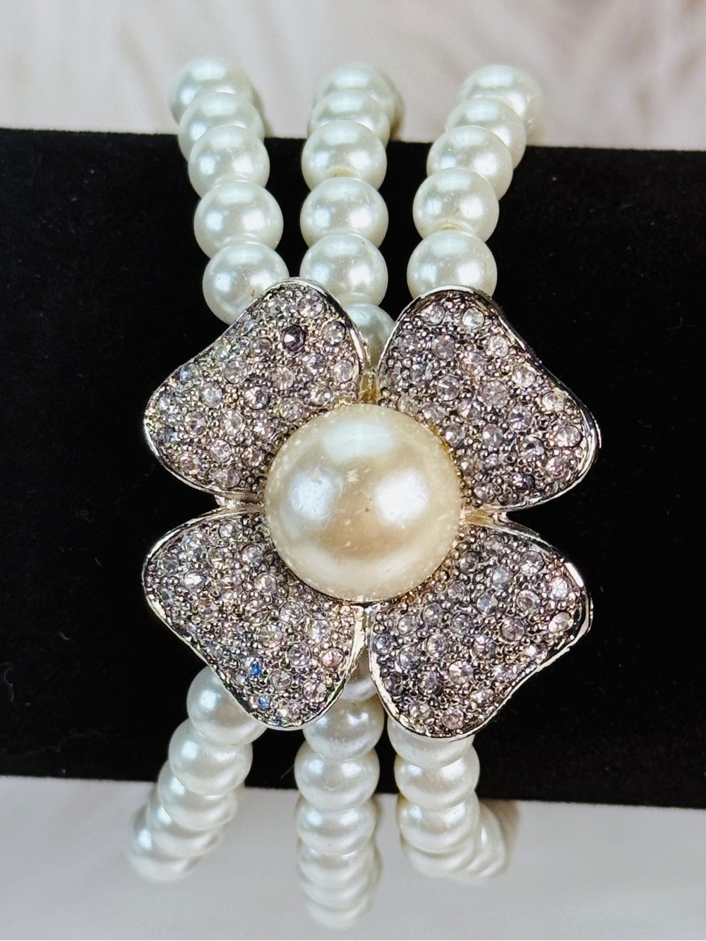Elegant Faux Pearl Flower Bling Stretch Bracelet